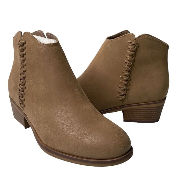 Mia Jaice Ankle Bootie Vegan Low Stacked Heel Side Zip Braid Detail Round Toe - Picture 1 of 12